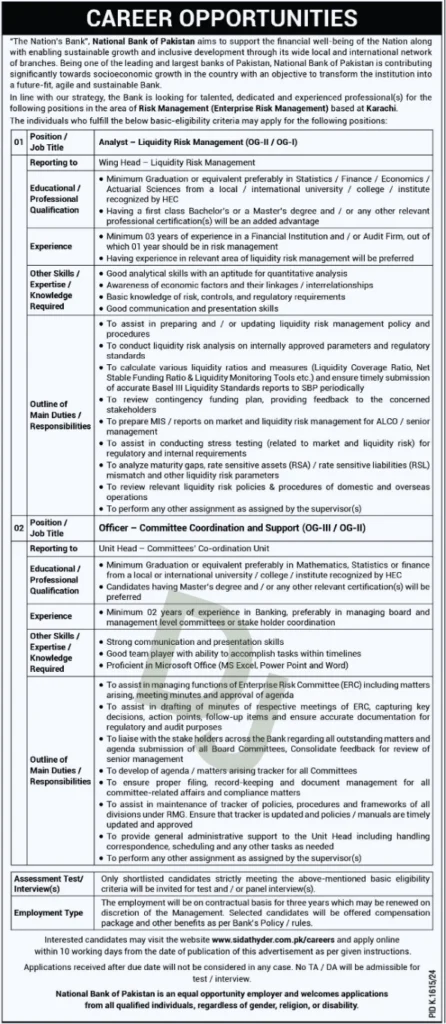 National Bank Of Pakistan NBP jobs 2024