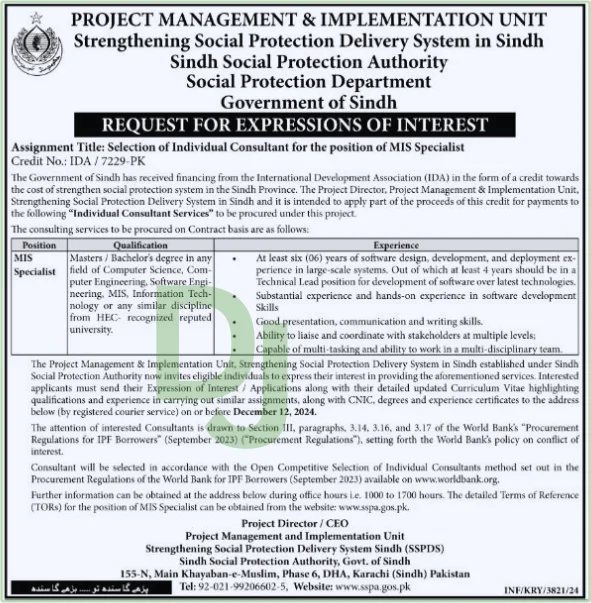 Sindh Social Protection Authority SSPA Jobs 2024