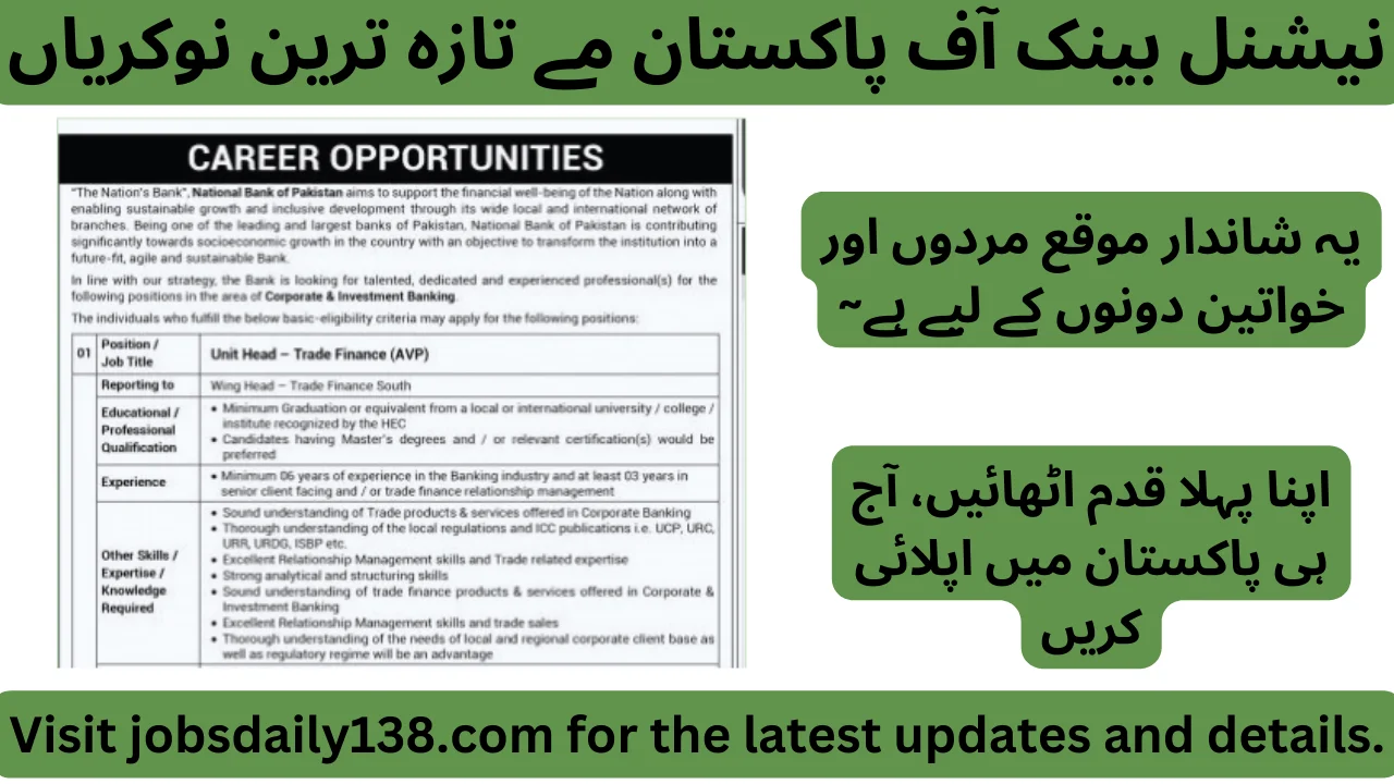 Latest National Bank of Pakistan Jobs 2024