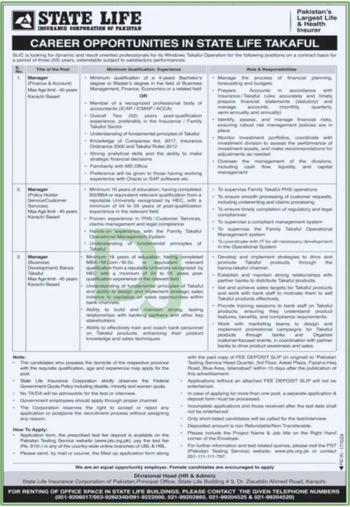 Advertisement State Life Insurance Corporation SLIC Jobs 2024