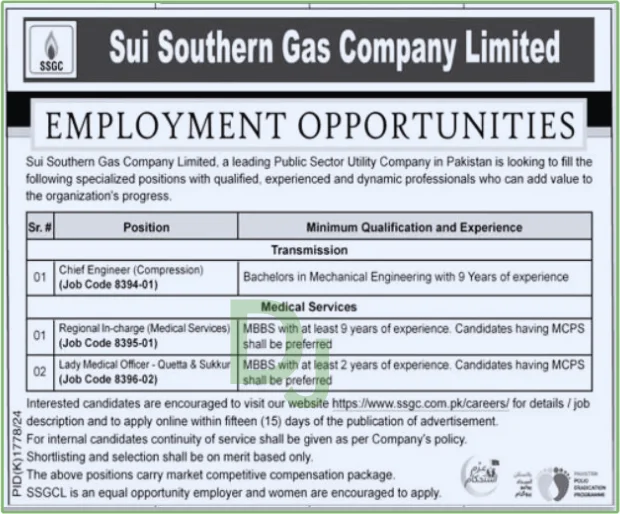 SSGC Jobs Advertisement 2024