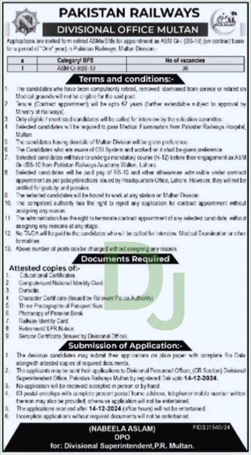 Pakistan Railway management job advertisement
