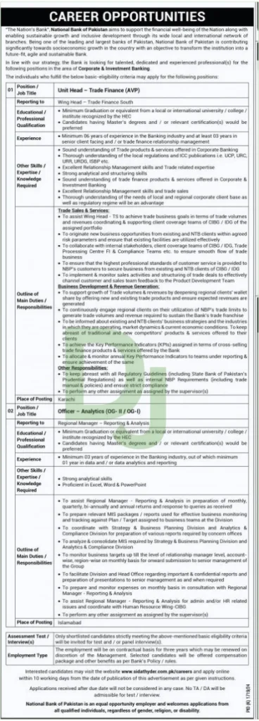 Latest National Bank of Pakistan Jobs 2024 advertisement