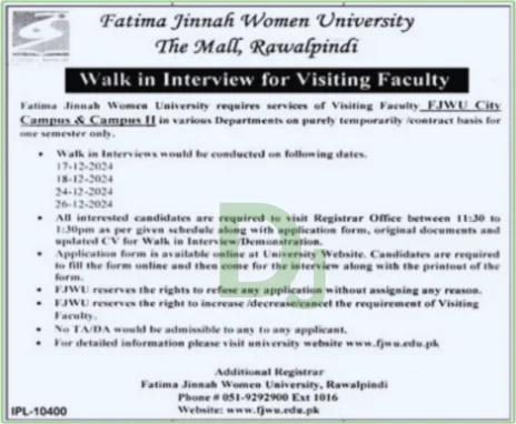 advertisement Fatima Jinnah Women University FJWU Jobs 2024