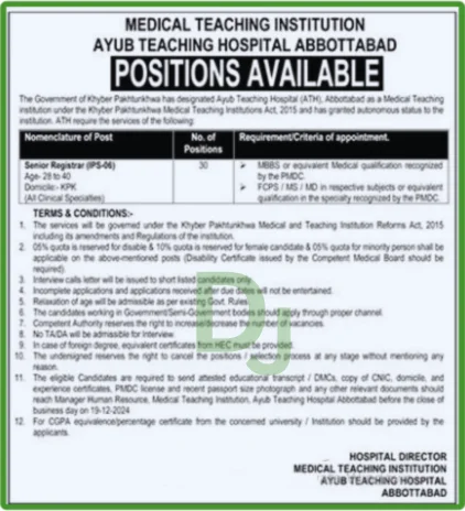 Ayub Teaching Hospital ATH Job advertisement: