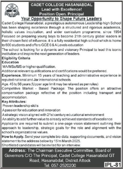Principal Jobs 2025 In Cadet College jobs Advertisement 2025